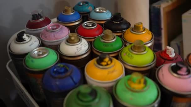 Box Colorful Spray Paint Cans — Stockvideo