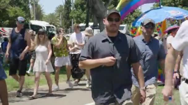 Video Diverse People Having Fun Walking Street Rainbow Flags Seen — Stockvideo