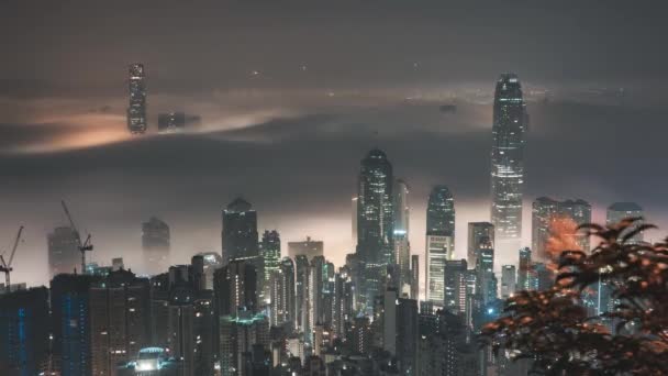 Night Illumination Flight Hong Kong City Downtown Traffic Aerial Topdown — Vídeo de Stock