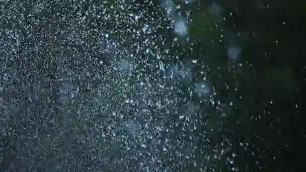 Shot Water Drops Flying Water Sprinkler Black Background — Vídeo de stock