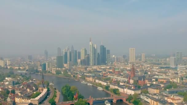 Aerial View Frankfurt Cityscape River Skyscrapers Misty Sunrise Germany — Vídeos de Stock