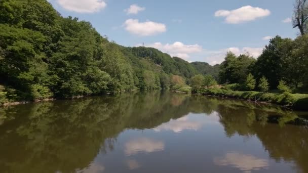 Low Drone Flight Wide Brown River Reflects Beautiful Sky — Stockvideo