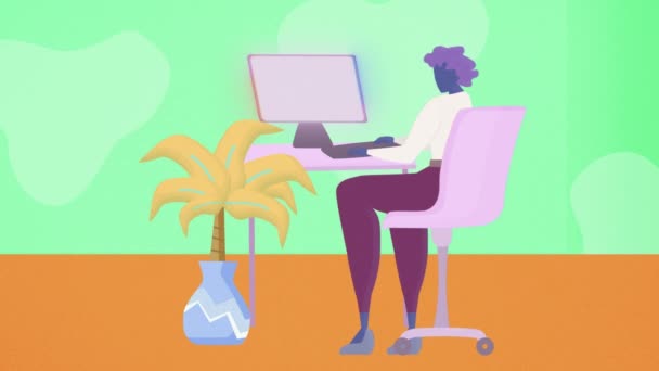 Цветная Офисная Анимация Motion Design Сотрудницы Сидящей Рабочим Столом Современном — стоковое видео