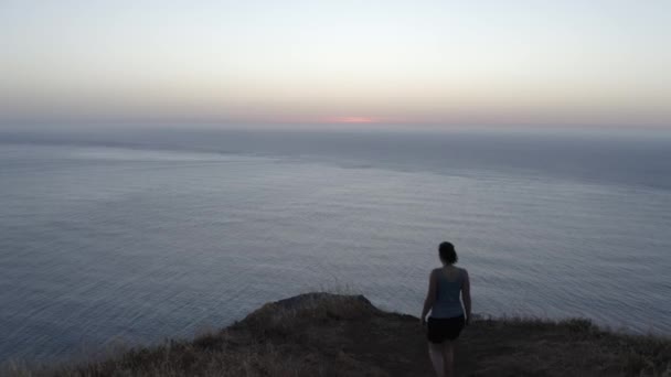 日落时一个女孩在马德拉悬崖上散步的空中照片 — 图库视频影像