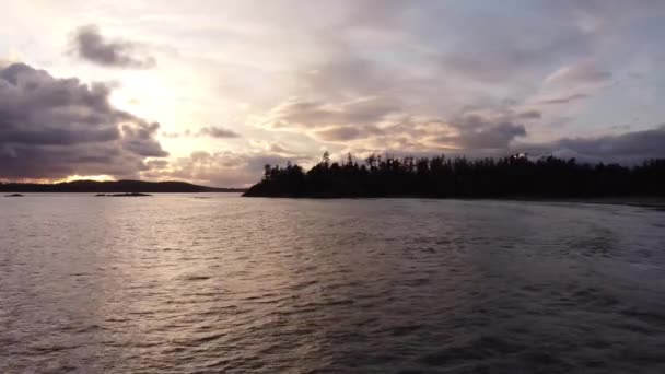Low Flying Drone Video Ocean Next Forested Area Sunset Background — Wideo stockowe