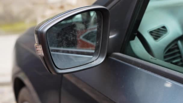 Close Side View Mirror Black Car Circle Pan Outdoors Day — Stockvideo