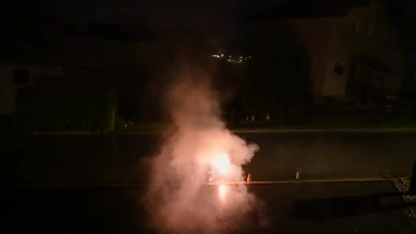 Firework Makes Blue Red Flash Road Smoke Celebration Dark Evening — Video