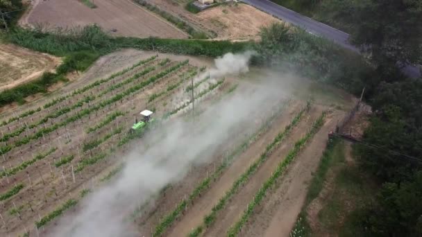 空中拍摄的紧凑型拖拉机藏在尘土中 在现有的藤蔓之间犁地 — 图库视频影像
