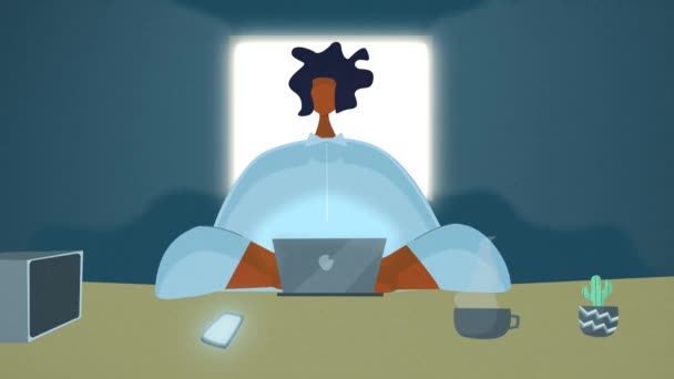 Робота Домашньою Анімацією Циклічна Анімація Персонажа Друкує Ноутбуці Слухає Музику — стокове відео