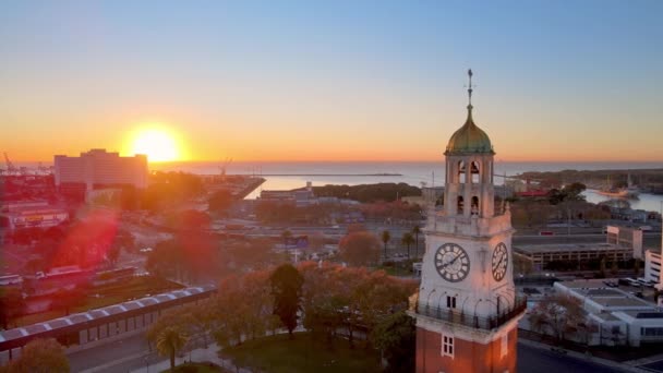 Amanecer Vivo Detrás Torre Los Ingleses Buenos Aires Arco Aéreo — Vídeos de Stock