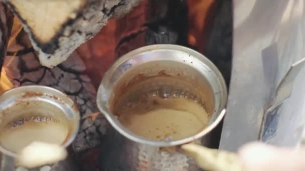 Traditional Turkish Coffee Being Made Logs Fire — 비디오