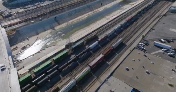 Aerial Drone Shot Train Moving Track Downtown Los Angeles Drone — Vídeo de stock
