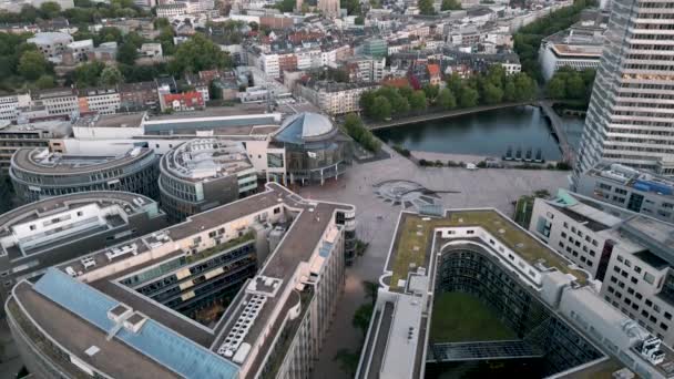 Köln Tyskland Affärs Mediapark Kontorsbyggnader Sett Utifrån Flygande Fågeldrönare Lugn — Stockvideo