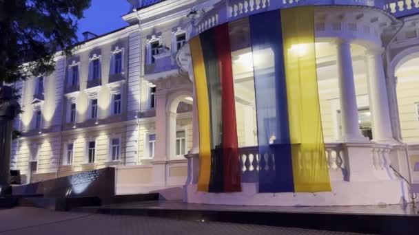 Ukranian Lithuanian Flags Hanging Together Ministry National Defence Building Vilnius — Vídeo de Stock