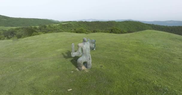 位于迪戈里山谷的一个战士石雕的空中拍摄 — 图库视频影像