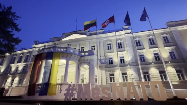 Ukranian Lithuanian Flags Hanging Together Illuminated Ministry National Defence Building — Video