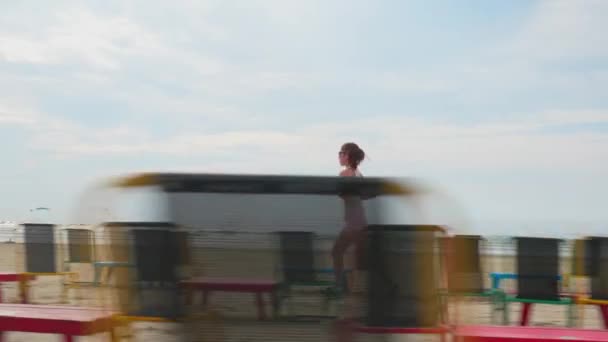 Shot Lovely Young Lady Jogging Morning Time Thesandy Beach Wooden — Αρχείο Βίντεο