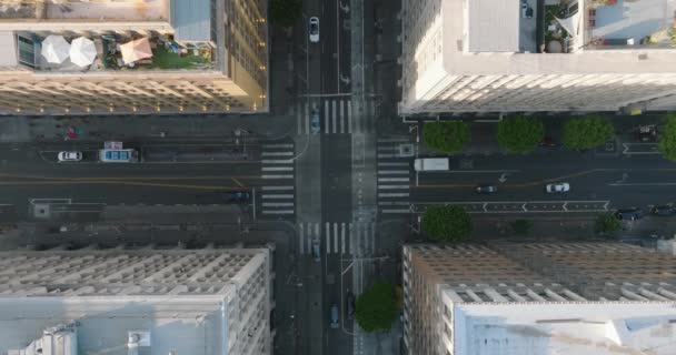 Birdseye View City Intercept Downtown Los Angeles Drone Shot Daytime — стоковое видео