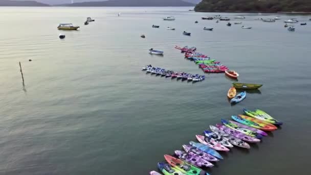 Dinamico Filmato Aereo Orbitante Varie Barche Kayak Vicino Alla Spiaggia — Video Stock