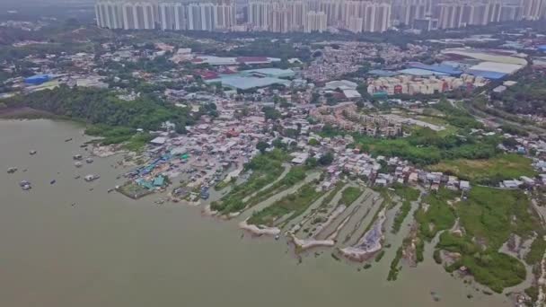 Dynamic Tilting Aerial Footage Fishing Village Lau Fau Shan Slowly — Video