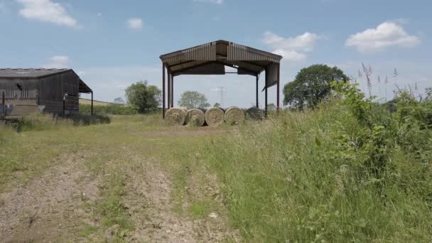 Large Hay Bales Being Kept Barn Roof Keep Them Dry — Αρχείο Βίντεο