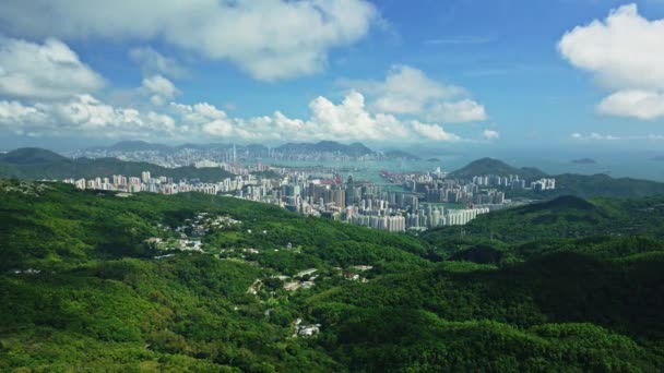 Dynamic Aerial Footage Mountains Showcasing Beautiful Cityscape Tseung Kwan New — Vídeos de Stock
