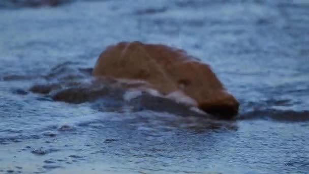 Foamy Waves Splashing Rock Shore Selective Focus Shot — Video Stock