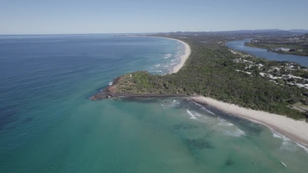 Aerial View Fingal Head Lighthouse Built Forested Headland Overlooking Tasman — 图库视频影像