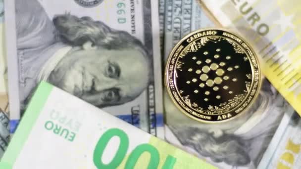 Shot Physical Cardano Coin Euros Dollar Cash Fiat Digital Money — Video Stock