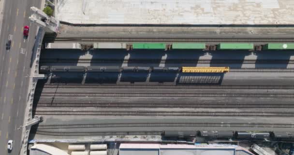 Birdseye Drone Shot Train Moving Track Downtown Los Angeles Cars — 비디오