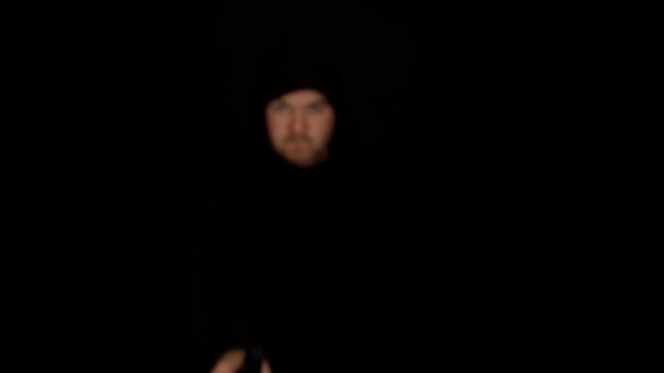 Man Black Hoodie Walking Firing Hand Gun — Stok video