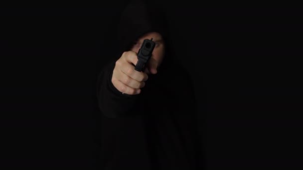 Criminal Man Black Hood Pointing Hand Gun — ストック動画