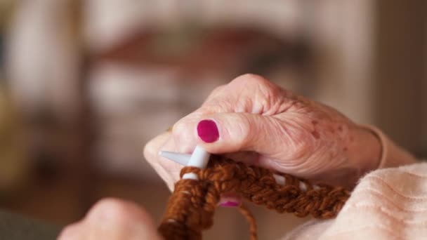 Grandma Wrinkly Fingers While Knitting Brown Wool Retired Woman Adjusting — Stockvideo