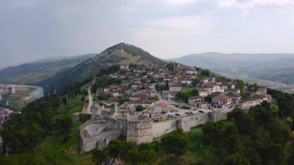Old Citadel Berat Unesco Heritage Site South Albania Aerial — Stock Video