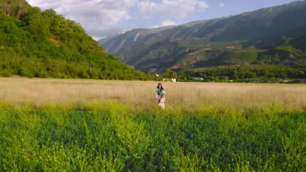 Mother Daughter Stroll Beautiful Flowering Field Permet Valley Albania — Stock videók