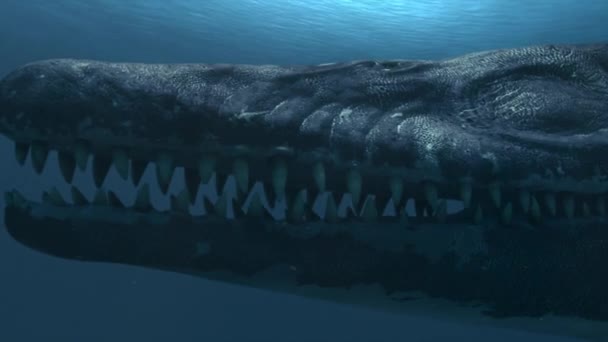 Kronosaur Nuotare Nell Oceano Scuro Vicino — Video Stock