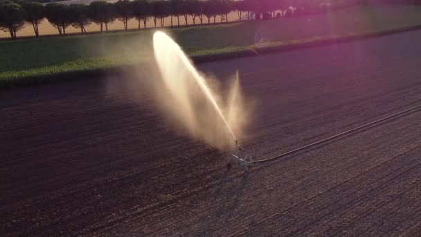 Beautiful Aerial View Irrigation System Agricultural Field Machinery Spraying Water — Stockvideo