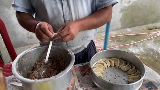 Cooking Techniques Closeup Man Hands Making Purse Shape Dumpling Momo — 图库视频影像