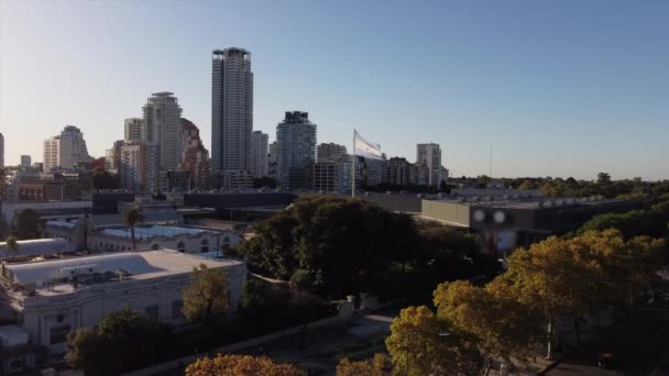 Aerial Approaching Shot Waving Argentinian Flag Front Skyline Buenos Aires — Stockvideo