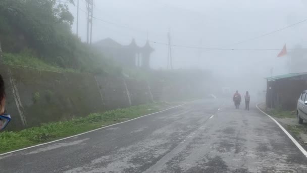 Rear View Happy Young Indian Girl Walking Mountain Roads Foggy — Stock video