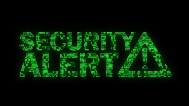 警告付きの古典的なアニメーションセキュリティ警告メッセージ黒の背景に緑の配色でアニメーションバイナリコードテクスチャで署名 — ストック動画