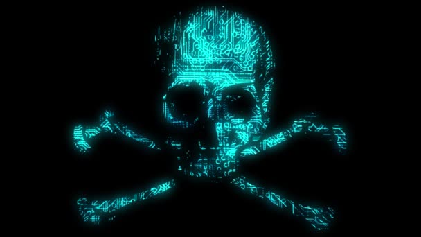 黑色背景下带动画线路板纹理的动画网络黑客头颅和交叉骨头符号报警 — 图库视频影像