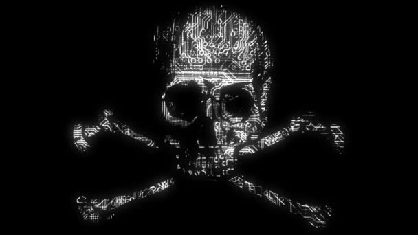 Alarming Animated Cyber Hacking Skull Cross Bones Symbol Animated Circuit — Stock Video