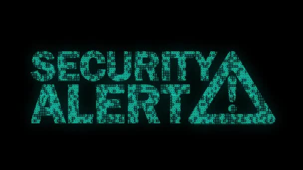 警告付きの古典的なアニメーションセキュリティ警告メッセージ黒の背景に鉄の配色でアニメーションバイナリコードテクスチャで署名 — ストック動画