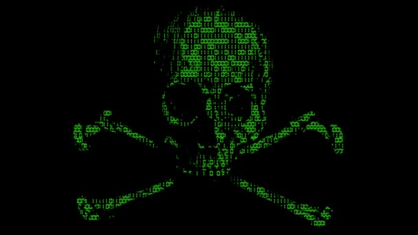 Alarming Animated Cyber Hacking Skull Cross Bones Symbol Animated Binary — Stockvideo