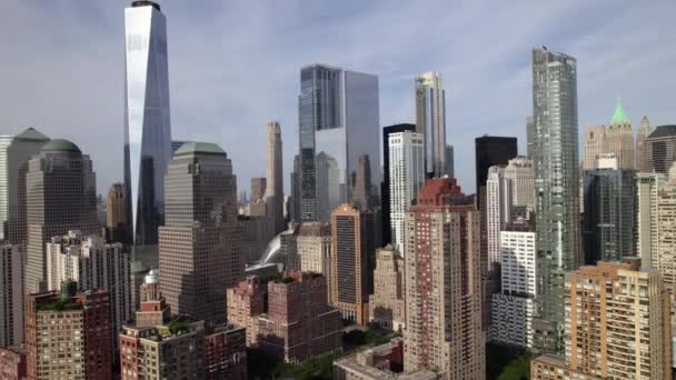 Vista Aérea Edifícios Altos Horizonte Inferior Manhattan Ensolarado Nova York — Vídeo de Stock