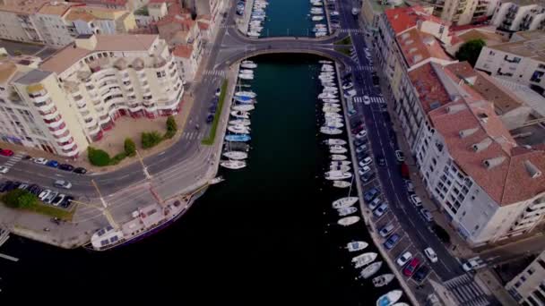 Drone Aerial View Town Sete South France Its Harbour Boats — Vídeos de Stock