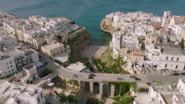 Slow Aerial Flyover Car Traffic Going Bridge Polignano Mare Italy — Vídeo de Stock