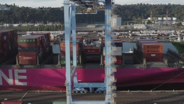 Buque Carga Grúa Puerto Tacoma Washington Control Deslizante Aéreo — Vídeos de Stock