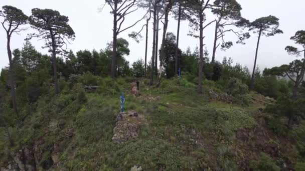 Man Walks Mountains Top Tourist Boots Going Stone Road Background — Stock Video